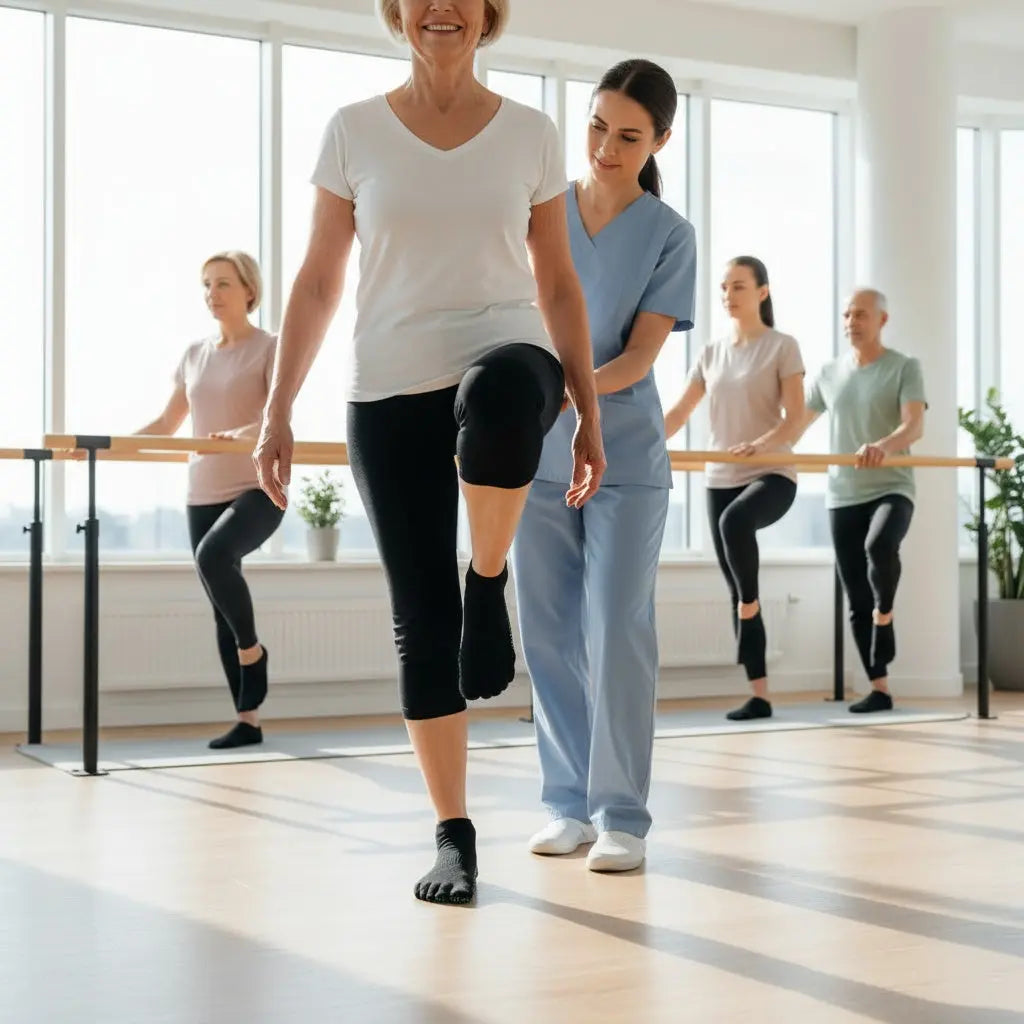 Older adult woman wearing NeuroSox five-toe grip socks in a physical therapy class, supported by a healthcare professional