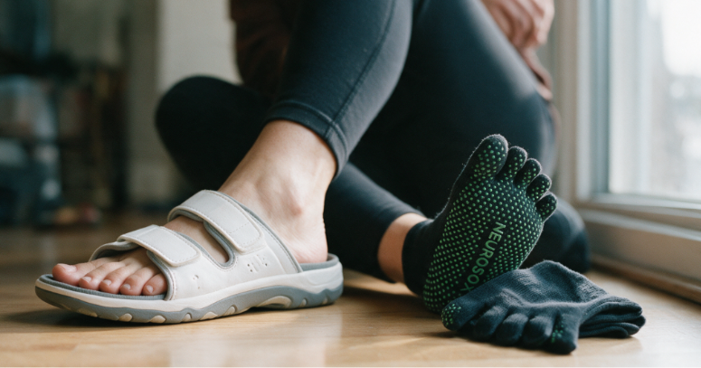 Person wearing NeuroSox five-toe socks during recovery after toe or bunion surgery 
