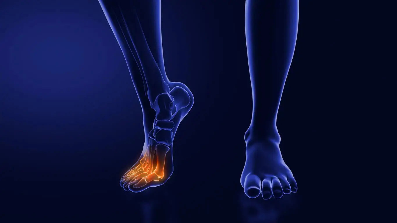 X-ray style view of foot bones with orange metatarsal pain points, illustrating inside-out socks for sensory issues